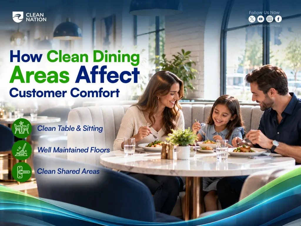 Family enjoying a meal at a clean restaurant table, showing how clean dining areas affect customer comfort