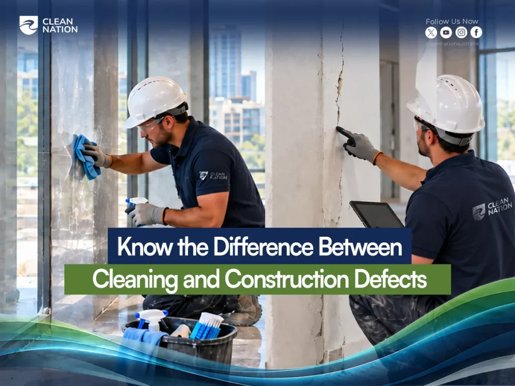 Clean Nation cleaner wiping glazing while a colleague inspects a cracked concrete column, separating cleaning from construction defects