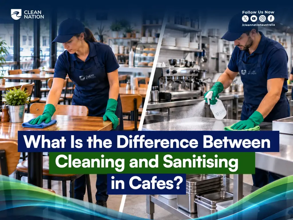 Cafe cleaning versus sanitising: a cleaner wiping a dining table and another spraying sanitiser on a stainless steel kitchen bench