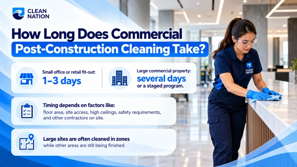 How long commercial post-construction cleaning takes for offices, retail fit-outs and large properties