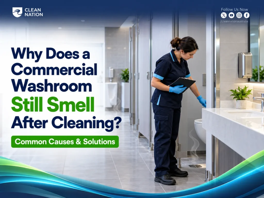 Cleaner with a clipboard checking a toilet cubicle and floor drain to find why a commercial washroom still smells after cleaning