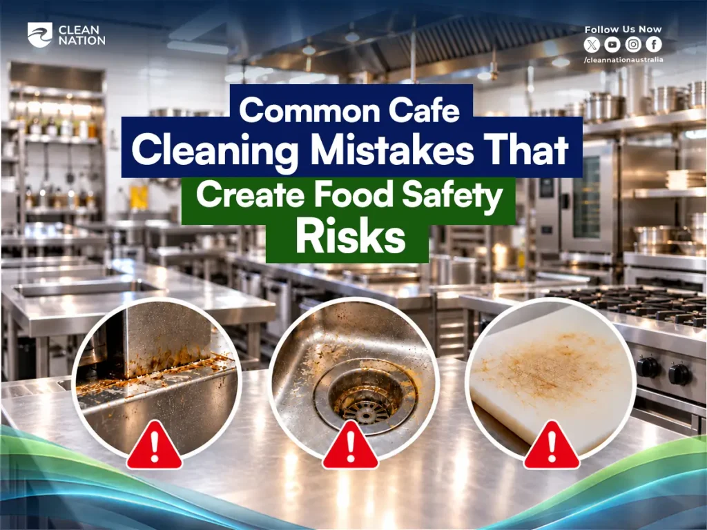 Cafe kitchen with food safety hazards from missed cleaning: grease on bench edges, a dirty sink drain and a stained chopping board