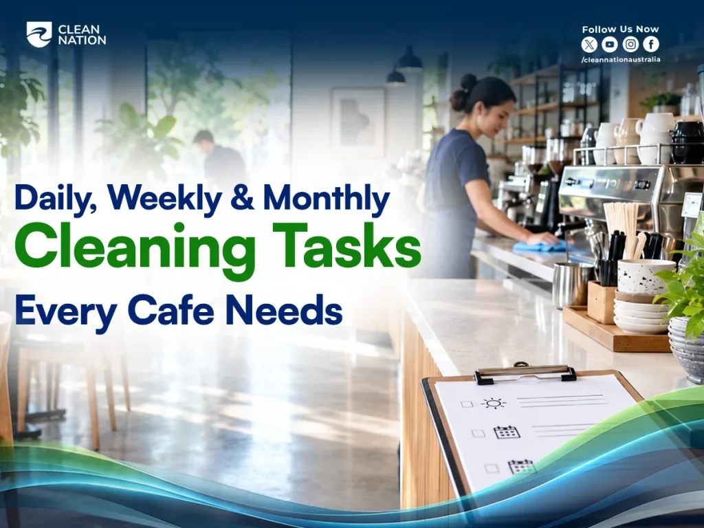 Cafe counter with an espresso machine and a daily, weekly and monthly cleaning tasks checklist on a clipboard while staff wipe down