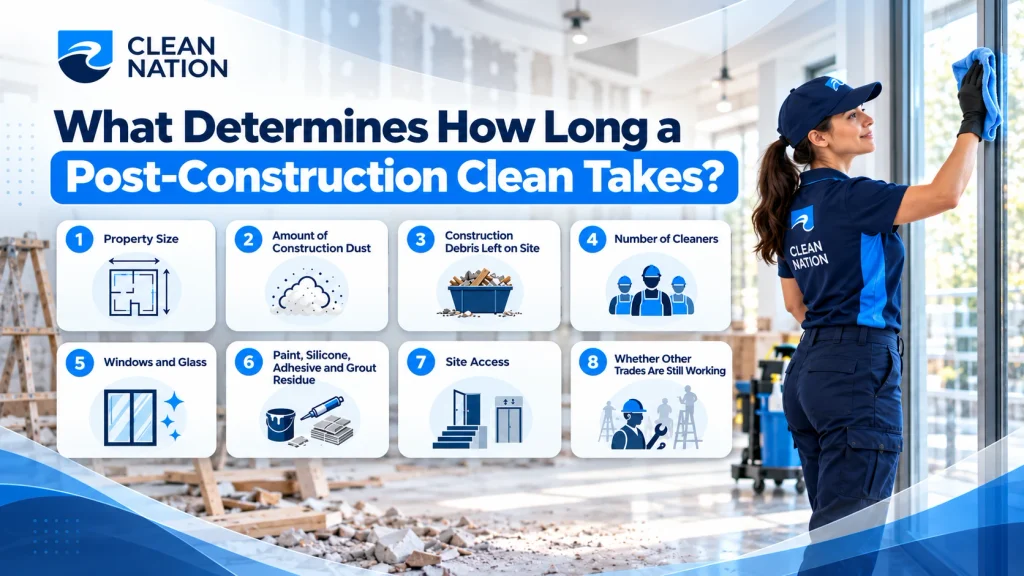 Factors that determine how long a post-construction clean takes, including dust, debris, property size and site access
