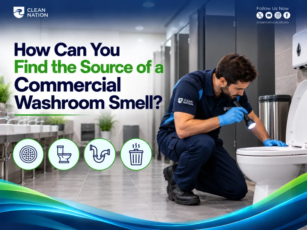 Clean Nation cleaner with a torch inspecting a toilet to find the source of a commercial washroom smell, with drain, trap and bin icons