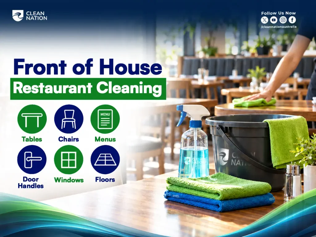 Spray bottle, bucket and microfibre cloths on a dining table while a cleaner wipes tables for front of house restaurant cleaning
