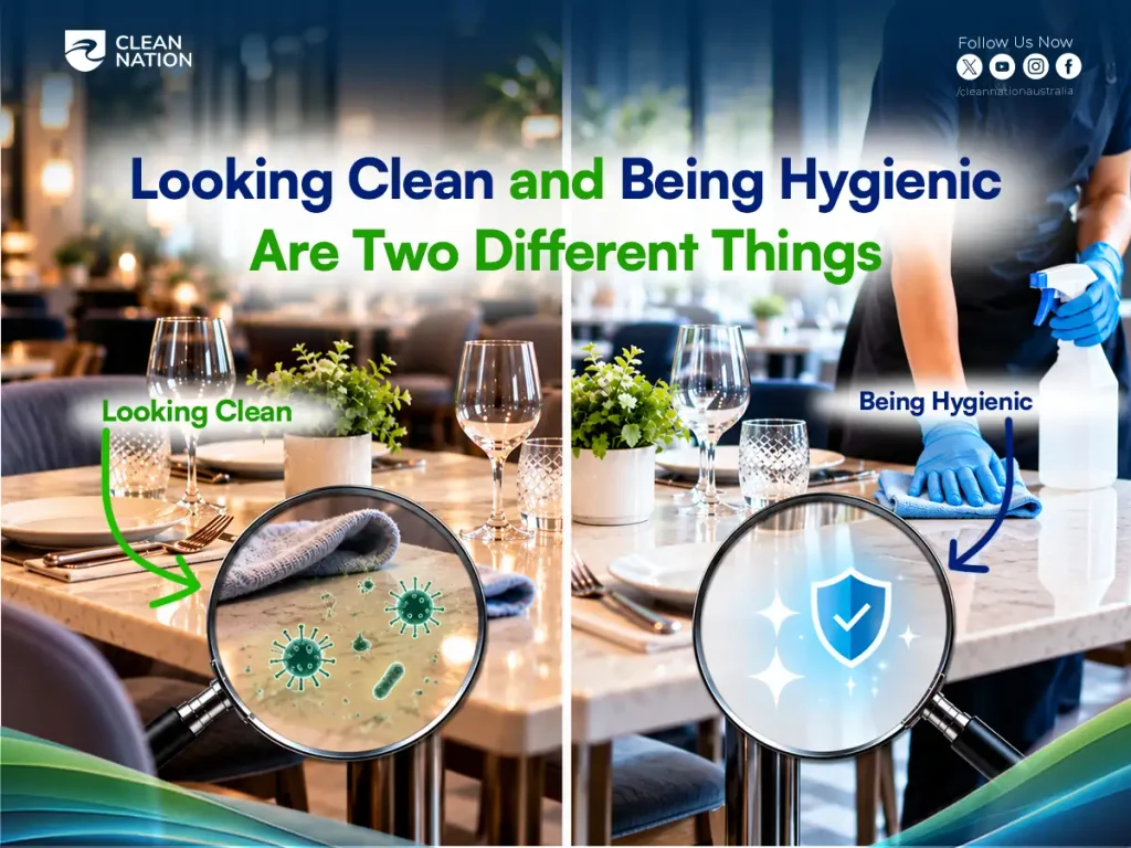 Restaurant table that looks clean but has germs under a magnifier, compared with a cleaner sanitising the table to make it hygienic
