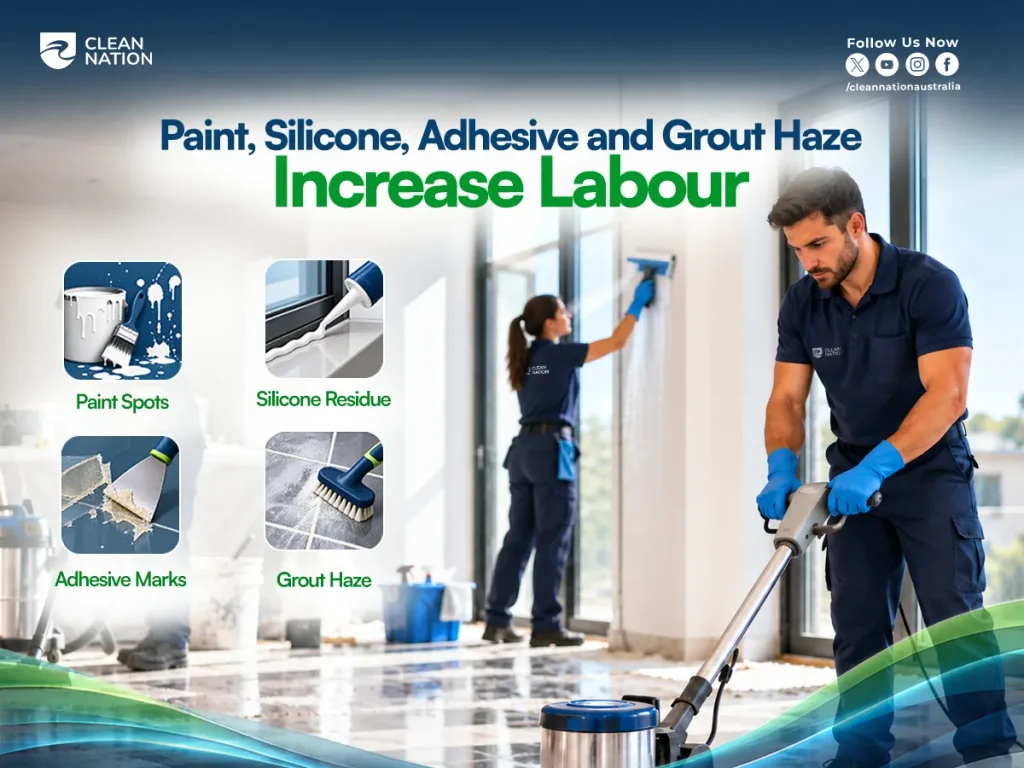Cleaners polishing a floor and wiping a window, with paint spots, silicone, adhesive marks and grout haze that increase labour