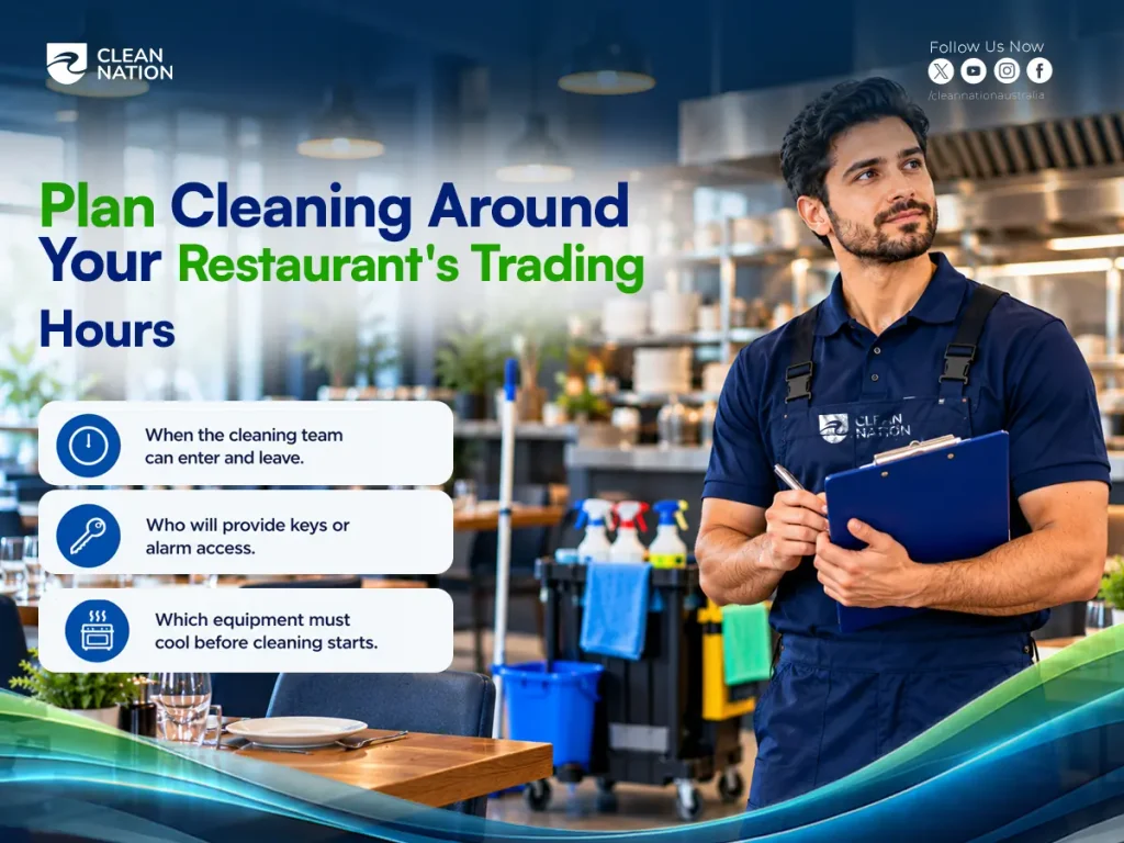 Cleaner holding a clipboard in a restaurant, planning cleaning around trading hours, access and equipment cool-down times