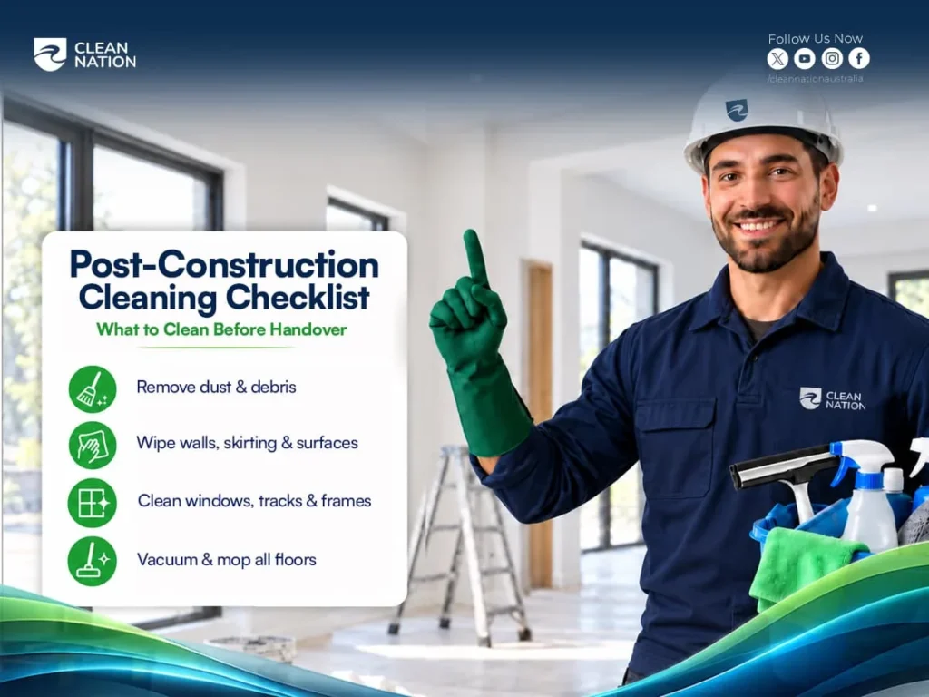 Clean Nation cleaner in a hard hat holding a caddy of cleaning supplies beside a post-construction cleaning checklist before handover