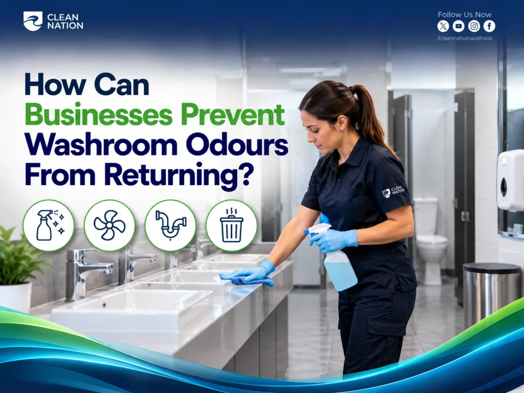 Clean Nation cleaner wiping a washroom basin bench with a spray bottle, with cleaning, ventilation, drain trap and bin icons to prevent washroom odours returning