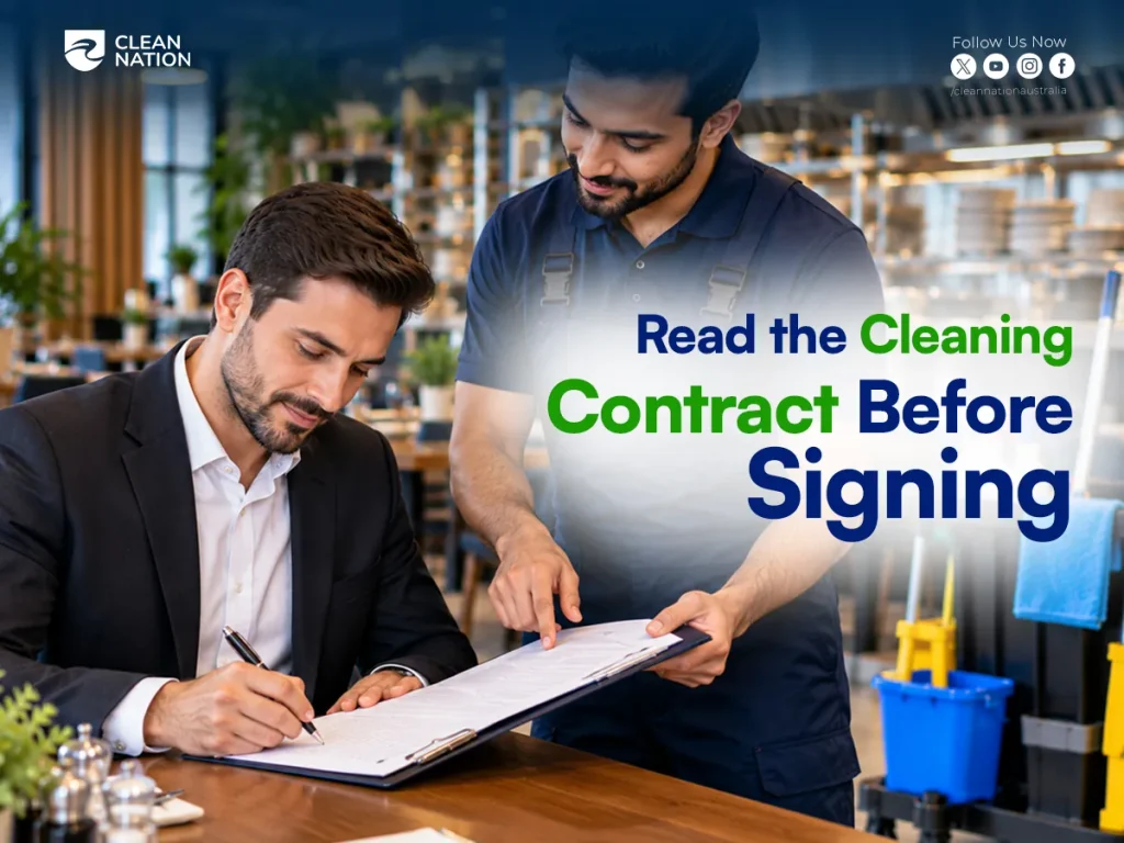 Restaurant owner signing a commercial cleaning contract while a Clean Nation cleaner points to the terms on a clipboard