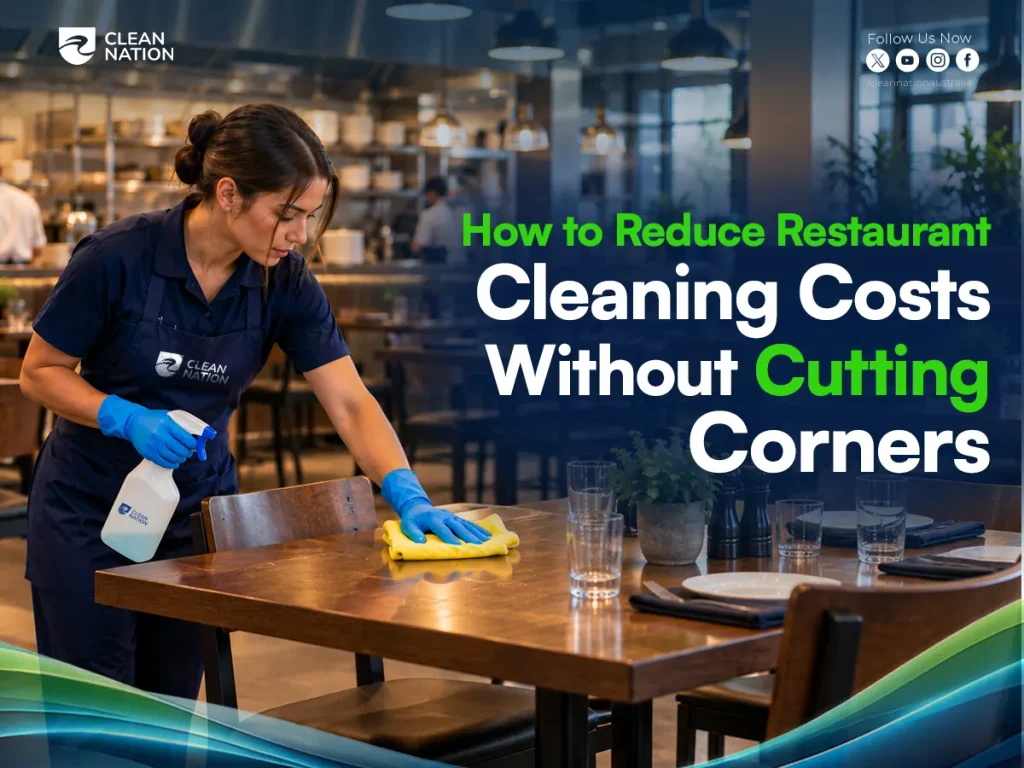 Cleaner in an apron wiping a wooden restaurant table, showing how to reduce restaurant cleaning costs without cutting corners