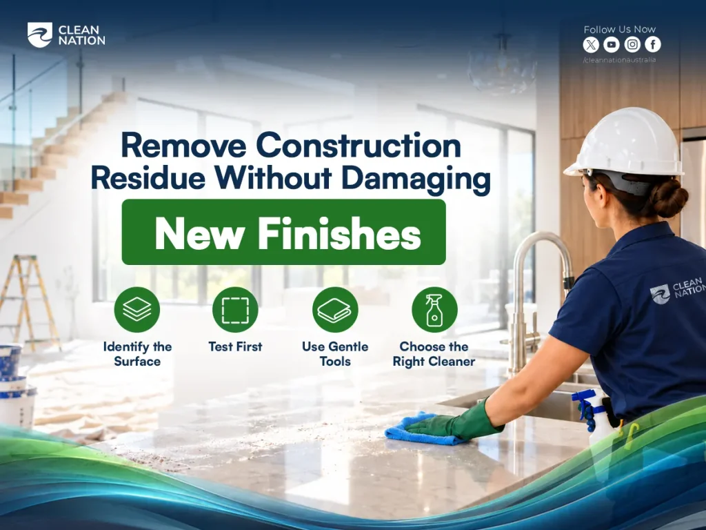 Cleaner in a hard hat wiping a dusty stone benchtop with a microfibre cloth to remove construction residue without damaging new finishes