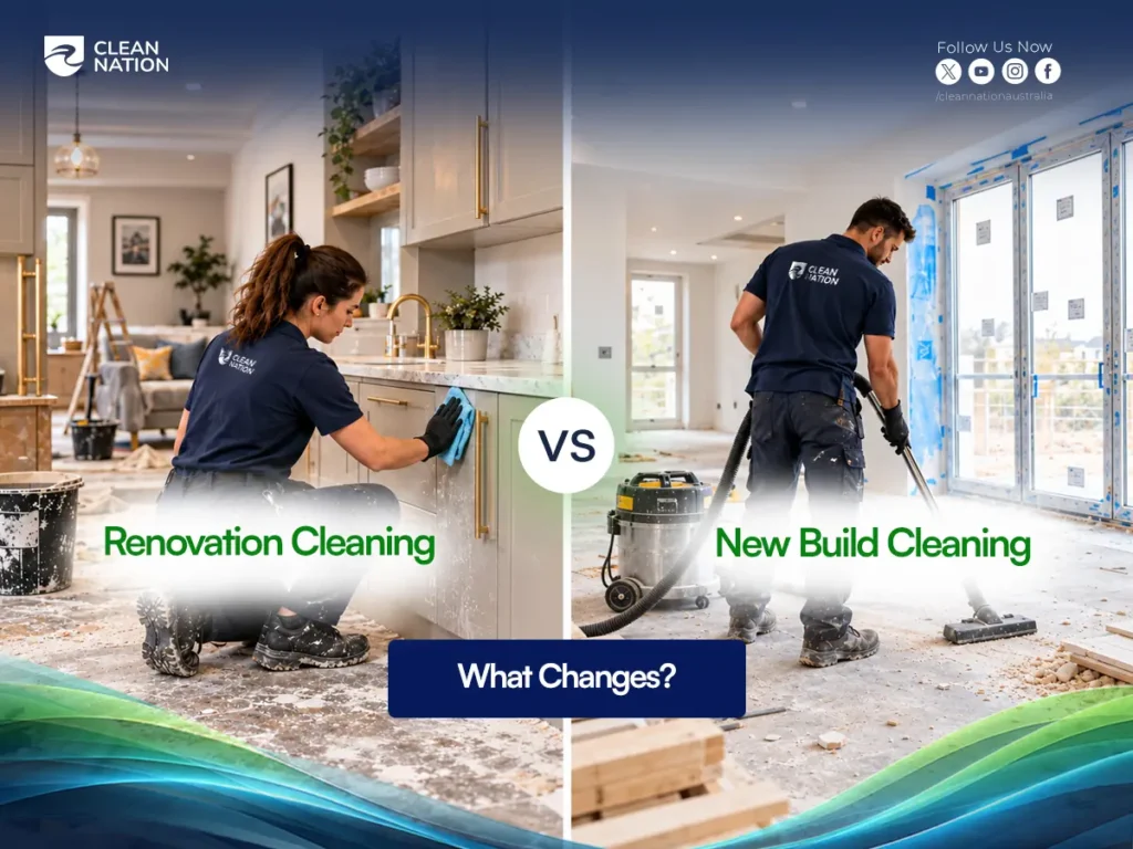 Renovation cleaning of kitchen cabinetry compared with new build cleaning, where a cleaner vacuums a site beside wrapped windows