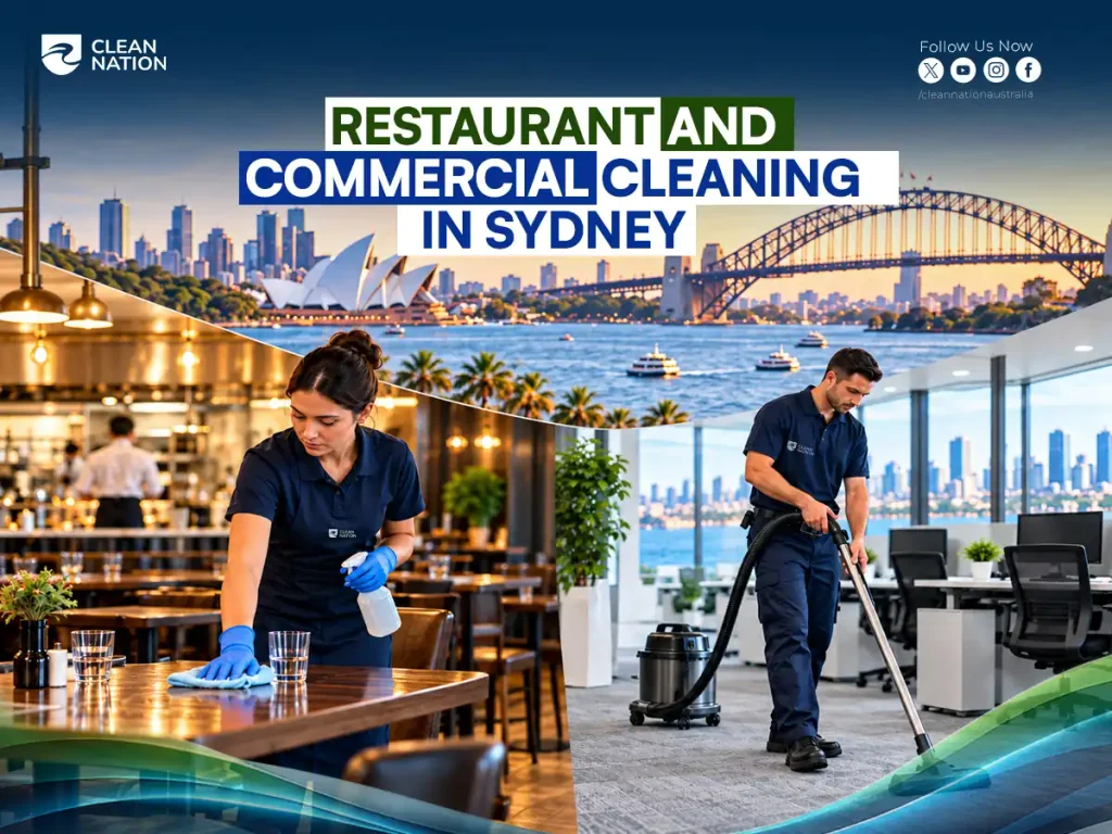 Restaurant and commercial cleaning in Sydney: a cleaner wiping a dining table and another vacuuming an office, with the Opera House and Harbour Bridge behind