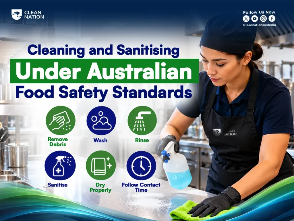 Cleaner sanitising a stainless steel kitchen bench with spray and cloth, following food safety cleaning and sanitising steps