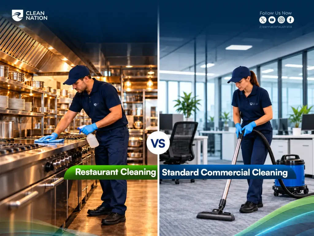 Restaurant cleaning of a commercial kitchen cooktop compared with standard commercial cleaning, vacuuming an office carpet