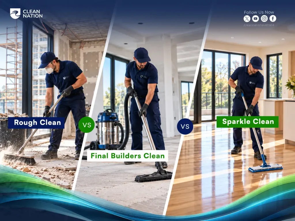 Three stages of builders cleaning: sweeping rubble in the rough clean, vacuuming the final builders clean and mopping the sparkle clean