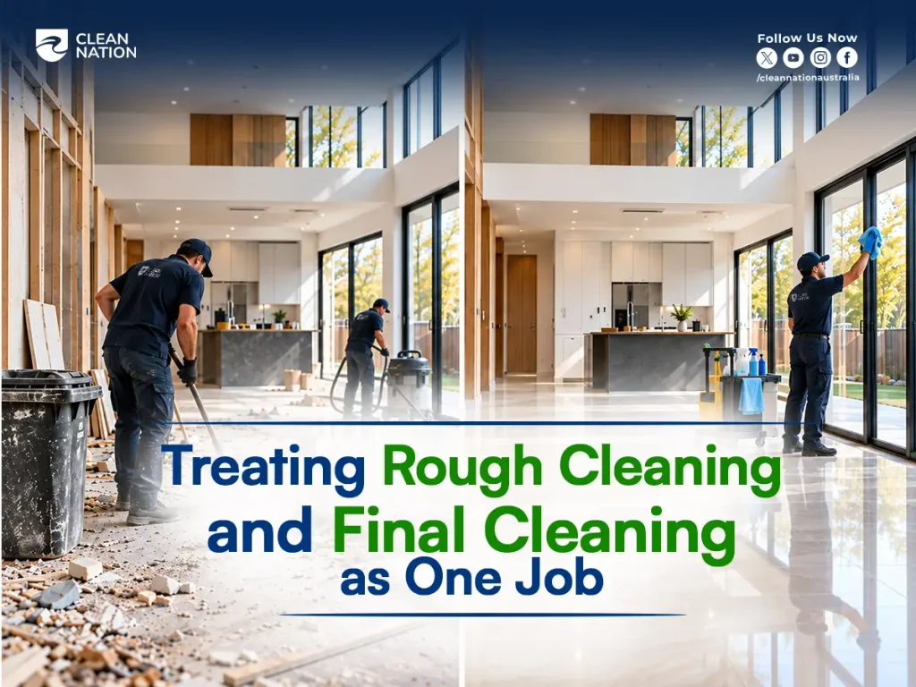 Alt: Rough cleaning of rubble on the left and final cleaning of windows in the same new home on the right, shown as one job