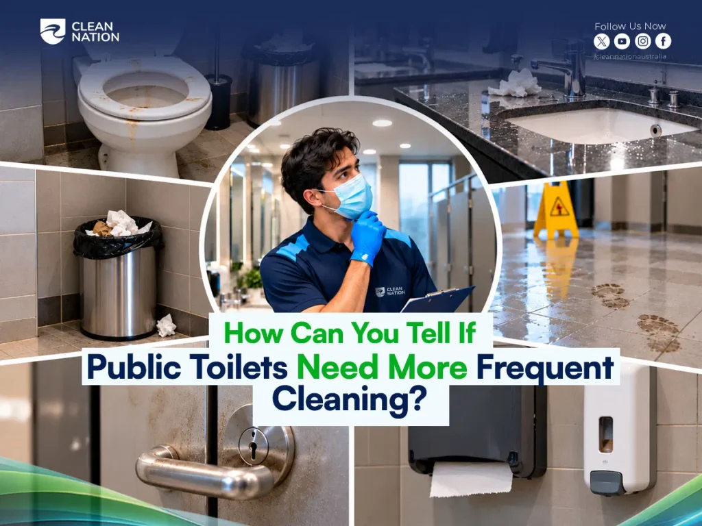 Signs public toilets need more frequent cleaning: stained toilet seat, overflowing bin, muddy footprints, dirty door handle and empty dispensers