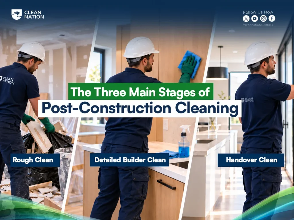 Three stages of post-construction cleaning: clearing rubble, detailed builder clean of cabinetry and the final handover clean